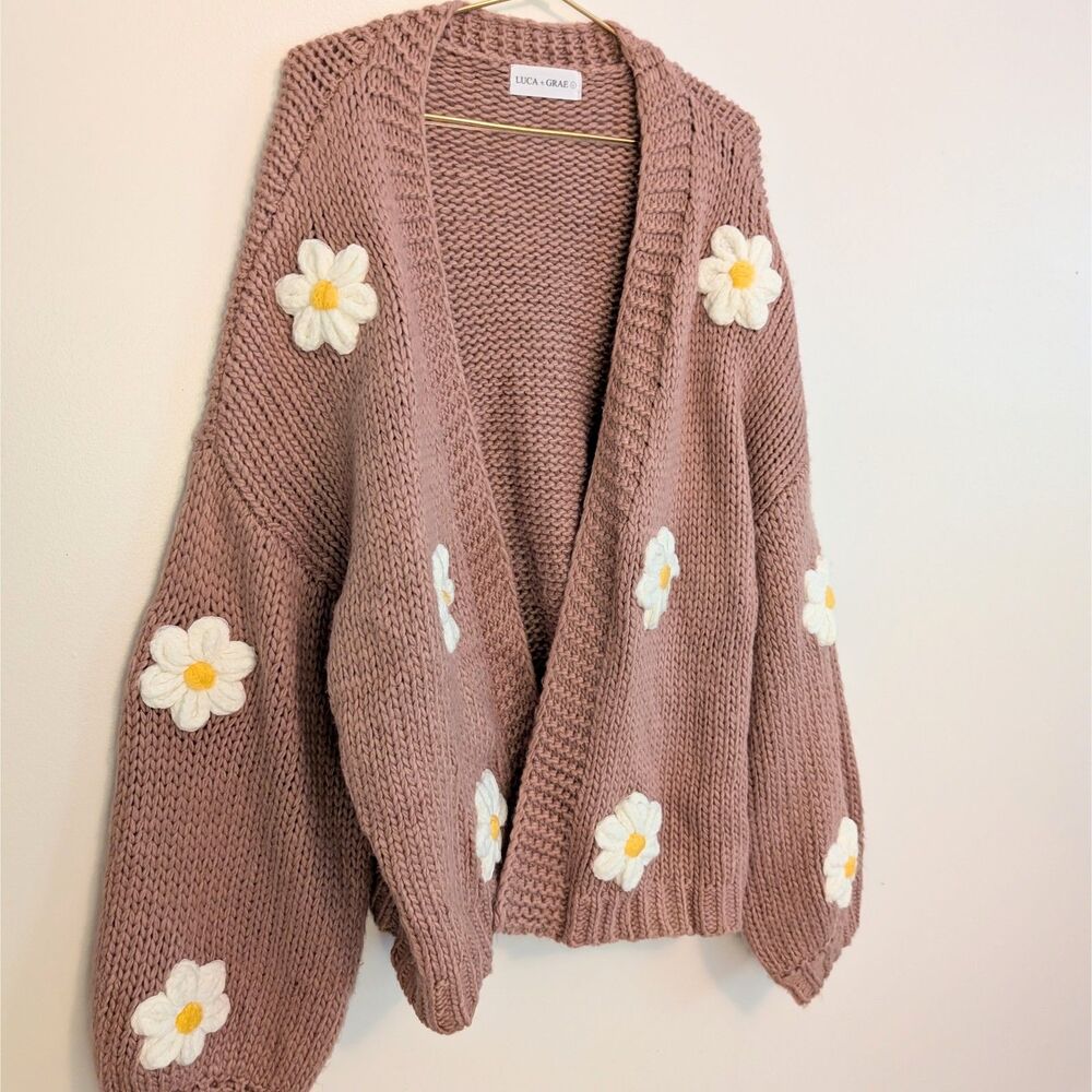 Luca & Grae Dusty Rose Pink Daisy Flower Cardigan Sweater Size Large